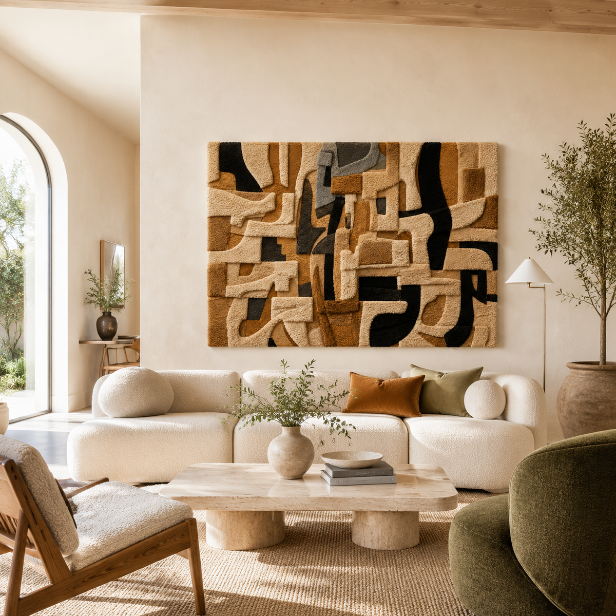 Ivory Hewn Earth Puzzle wall art, HE-0170, featuring intricate geometric patterns on a light-colored background.