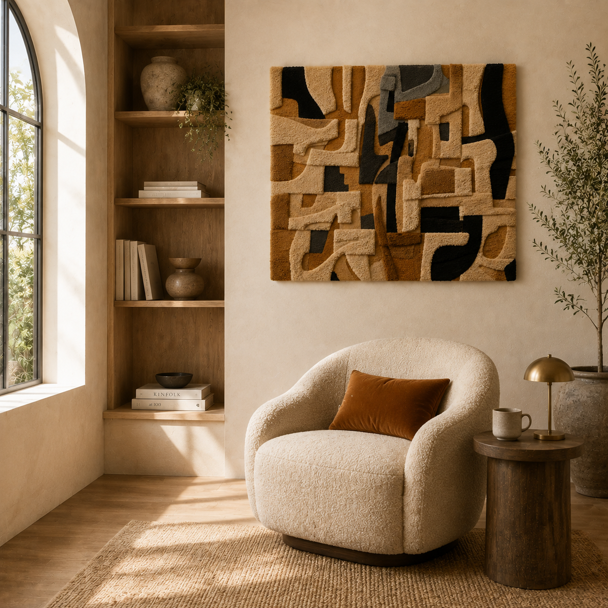 Ivory Hewn Earth Puzzle wall art featuring interlocking geometric shapes on a neutral background, modern home decor piece.