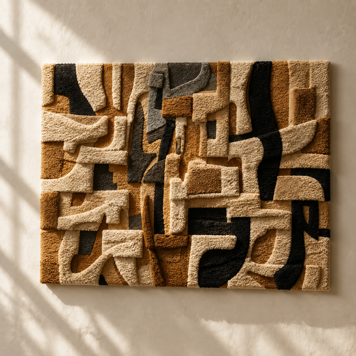 Ivory Hewn Earth Puzzle wall art featuring interlocking geometric shapes in a modern design.