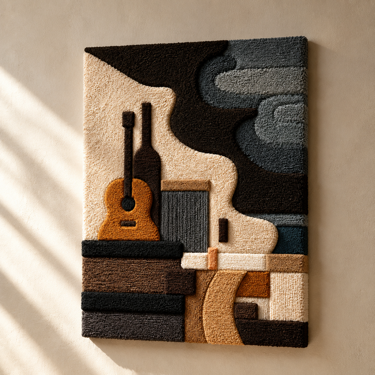 Hewn Earth Cubist Still Life wall art featuring geometric abstract shapes in neutral tones, modern home decor artwork.