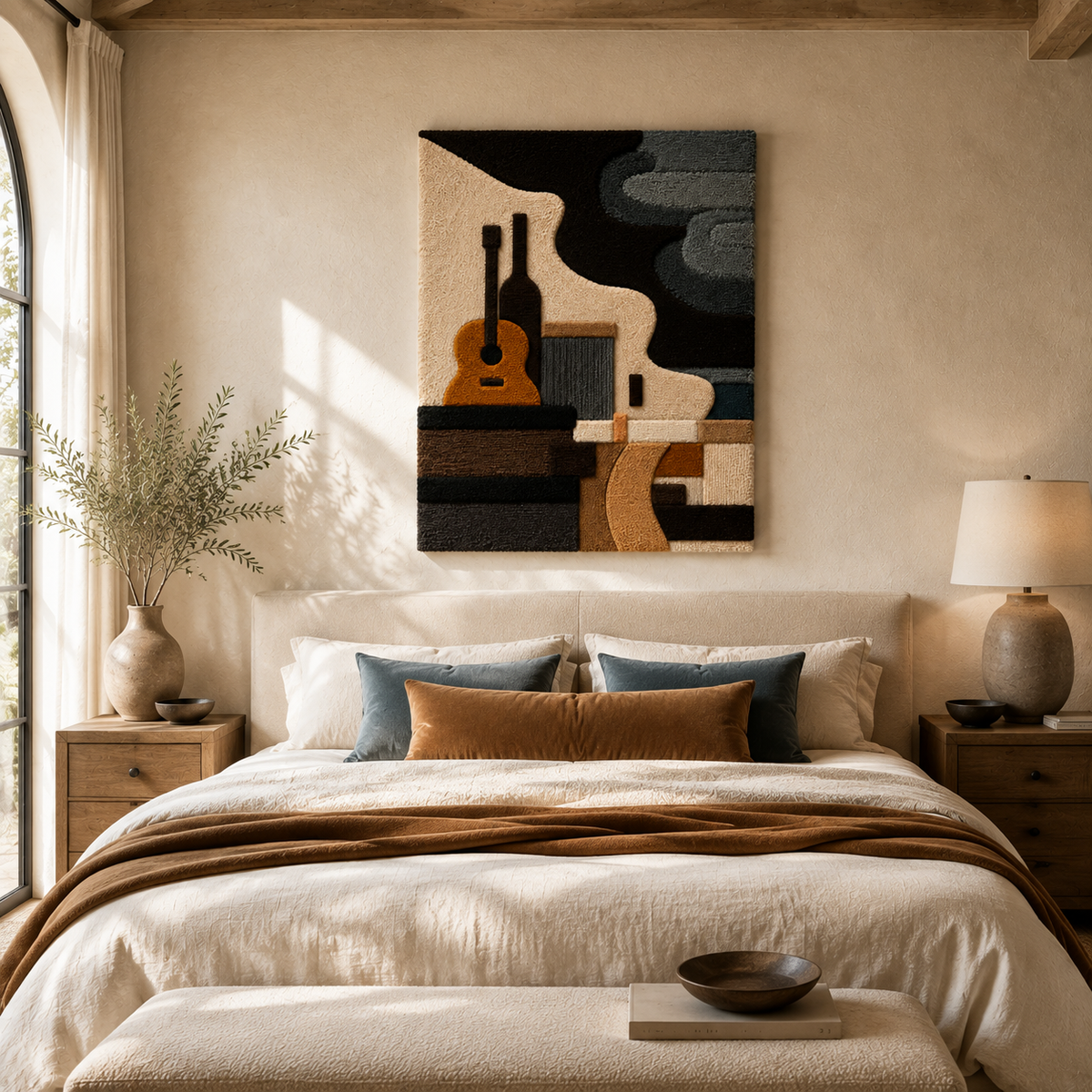 Hewn Earth Cubist Still Life wall art in earthy tones, featuring geometric shapes and abstract forms on a canvas.