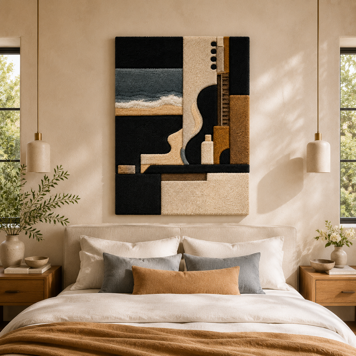 Hewn Earth Cubist Seascape wall art featuring geometric blue and turquoise shapes on a canvas, modern ocean-inspired decor.
