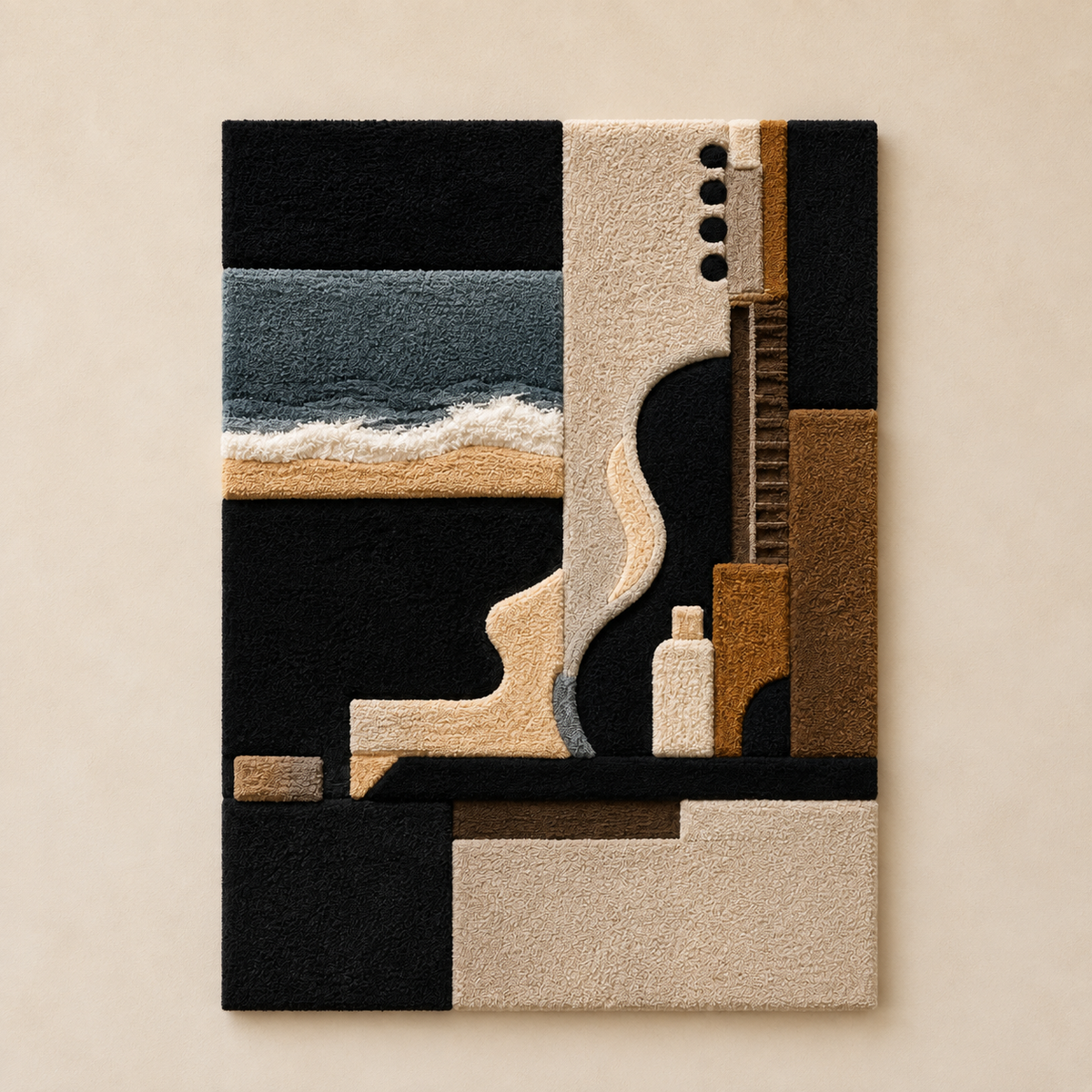 Hewn Earth Cubist Seascape wall art featuring abstract ocean waves in calming blue and beige tones.