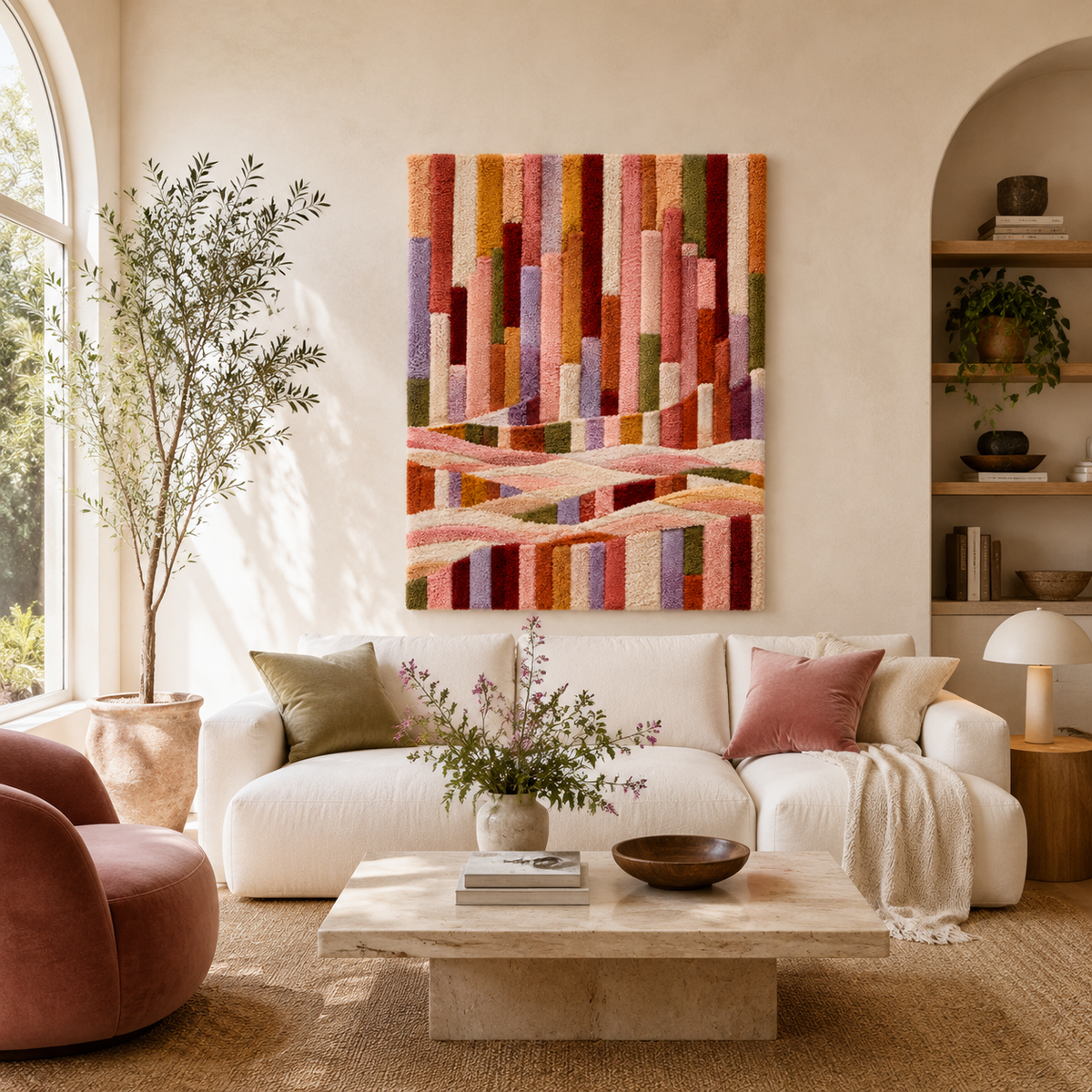 Colorful Rainbow Waves wall art by Hewn Earth featuring vibrant, flowing rainbow-colored wave patterns on a sleek canvas.