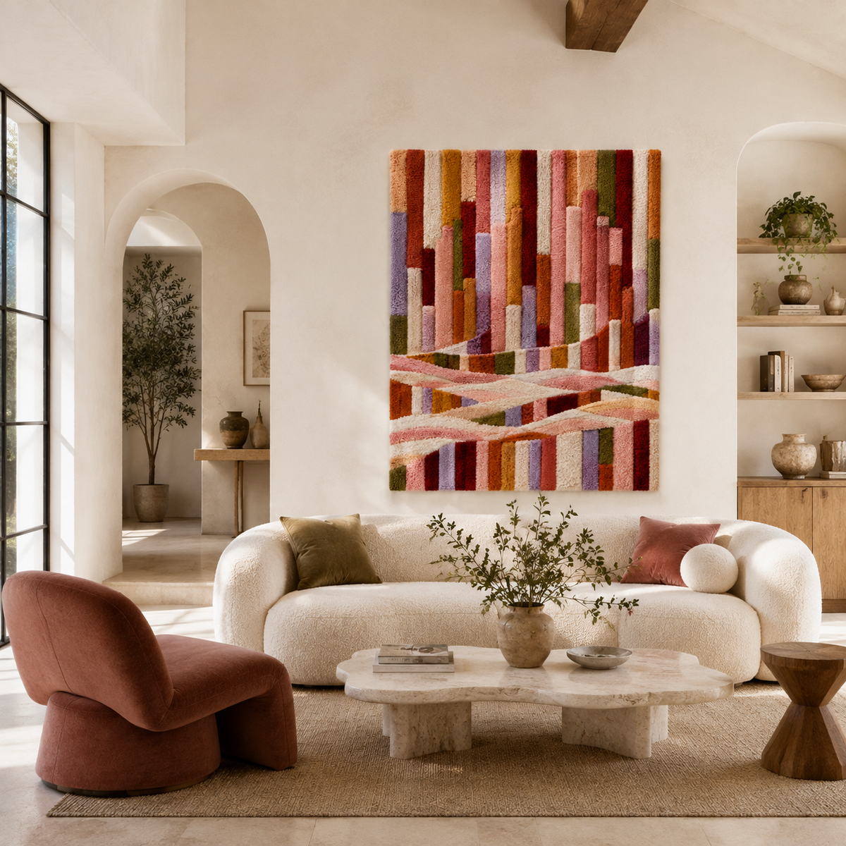 Colorful rainbow waves wall art by Hewn Earth, vibrant abstract design suitable for modern interior decor.