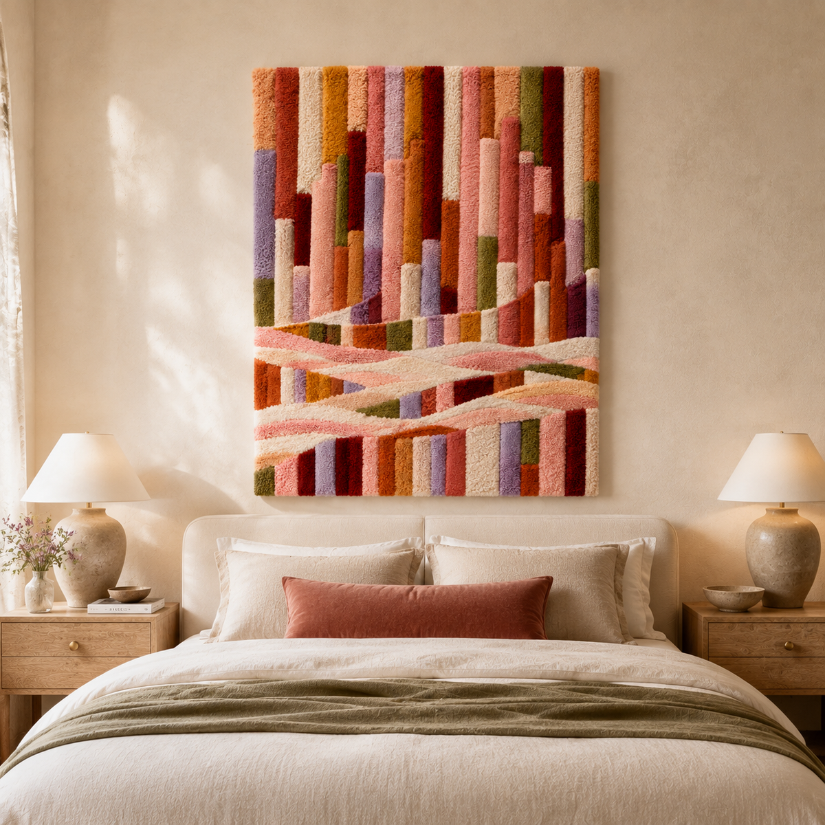 Colorful Rainbow Waves wall art by Hewn Earth featuring vibrant, flowing abstract designs on a canvas.