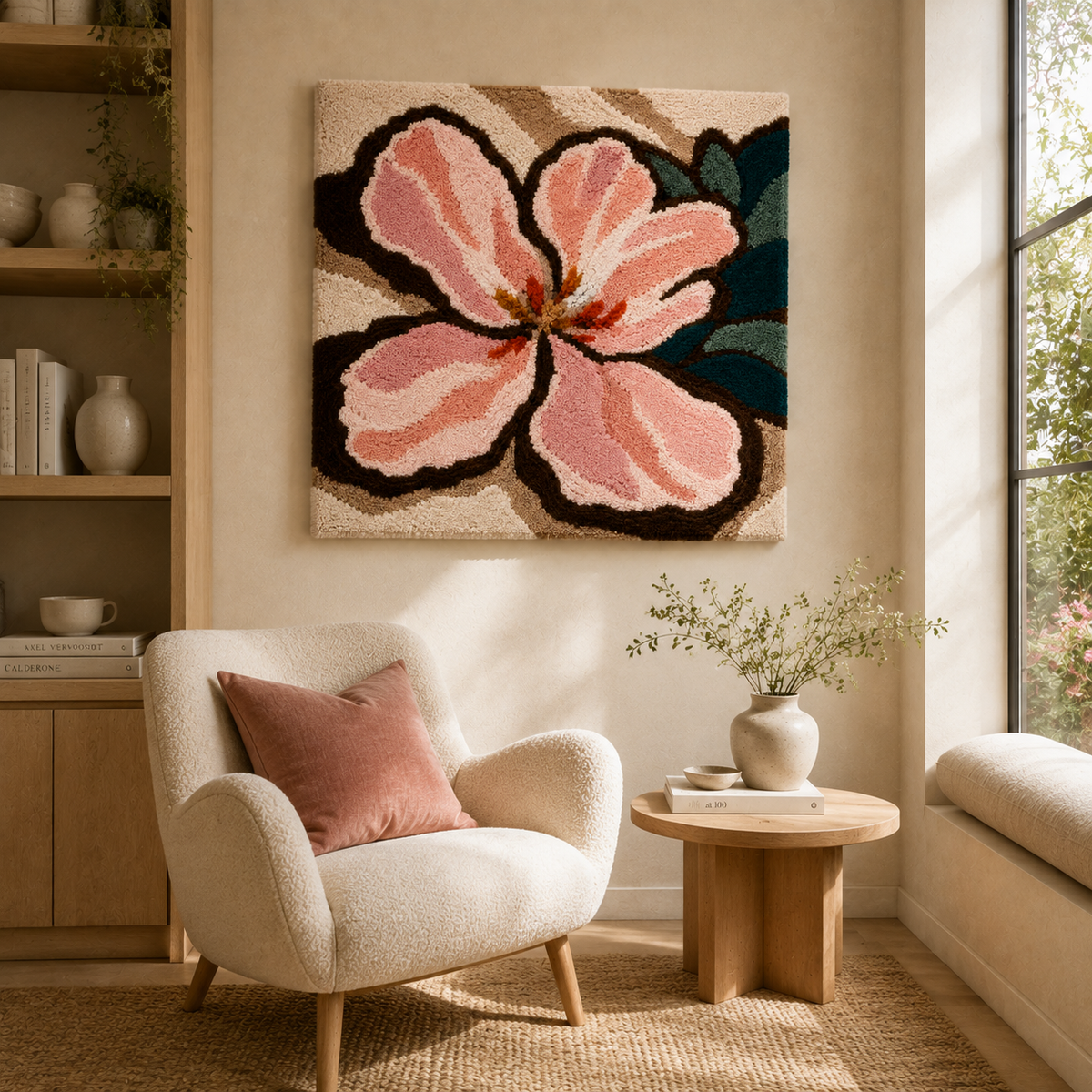 Pink Magnolia wall art by Hewn Earth featuring a vibrant pink flower and green leaves on a neutral background.