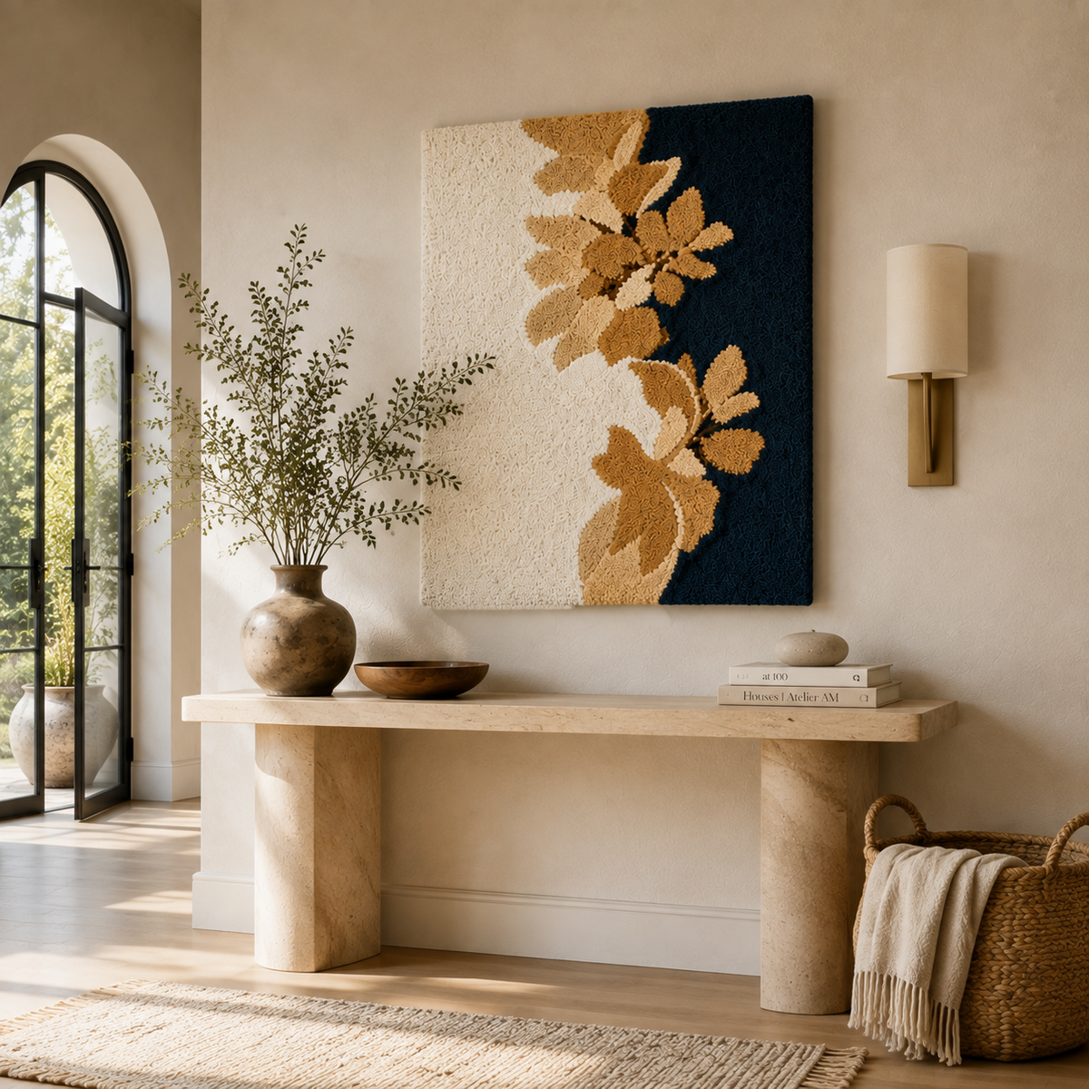 Navy wall art featuring golden leaves, Hewn Earth HE-0175, decorative wall decor with botanical leaf design.