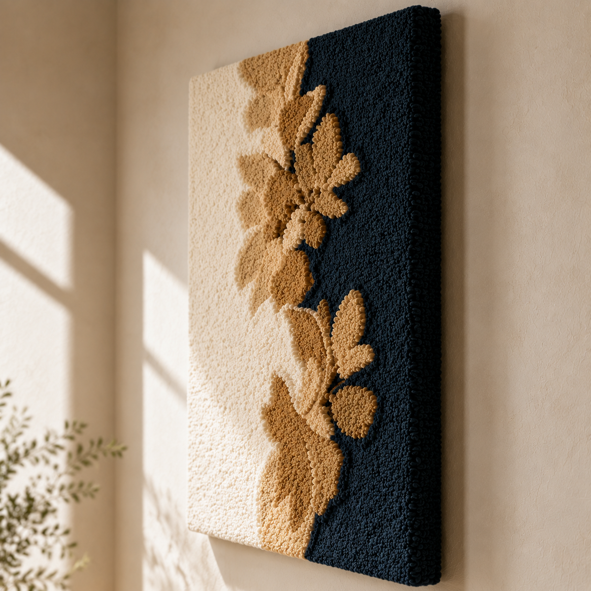 Navy wall art featuring golden leaves with the Hewn Earth brand, perfect for adding a botanical touch to interior decor.