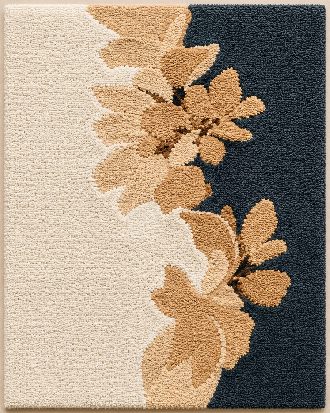Hewn Earth wall art featuring golden leaves on navy background, decorative wall decor with botanical leaf design.