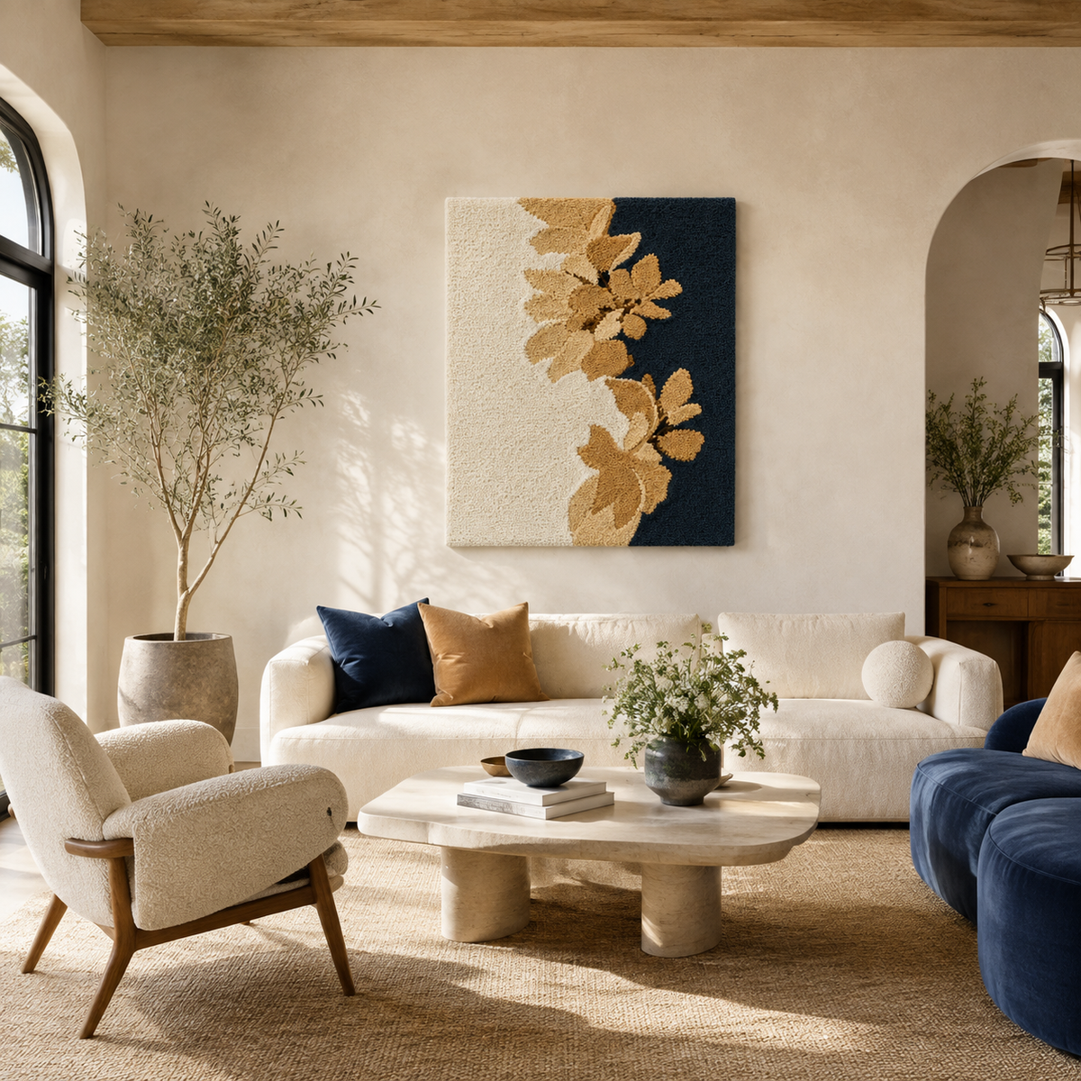 Navy wall art featuring golden leaves on Hewn Earth’s HE-0175 design, showcasing elegant botanical imagery for home decor.