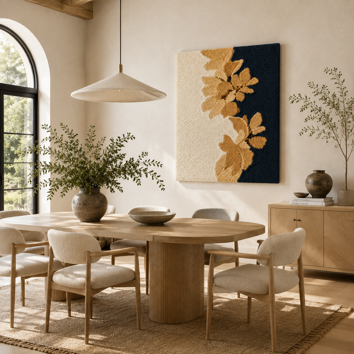 Hewn Earth wall art featuring golden leaves on navy background, modern decorative wall decor for living spaces.