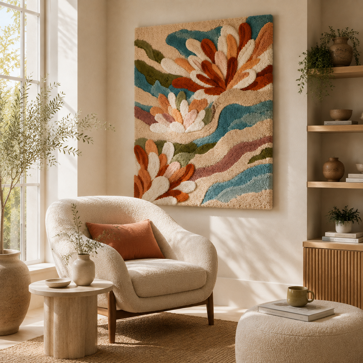 Hewn Earth Wildflower Cascade wall art featuring vibrant floral design on a textured canvas artwork.