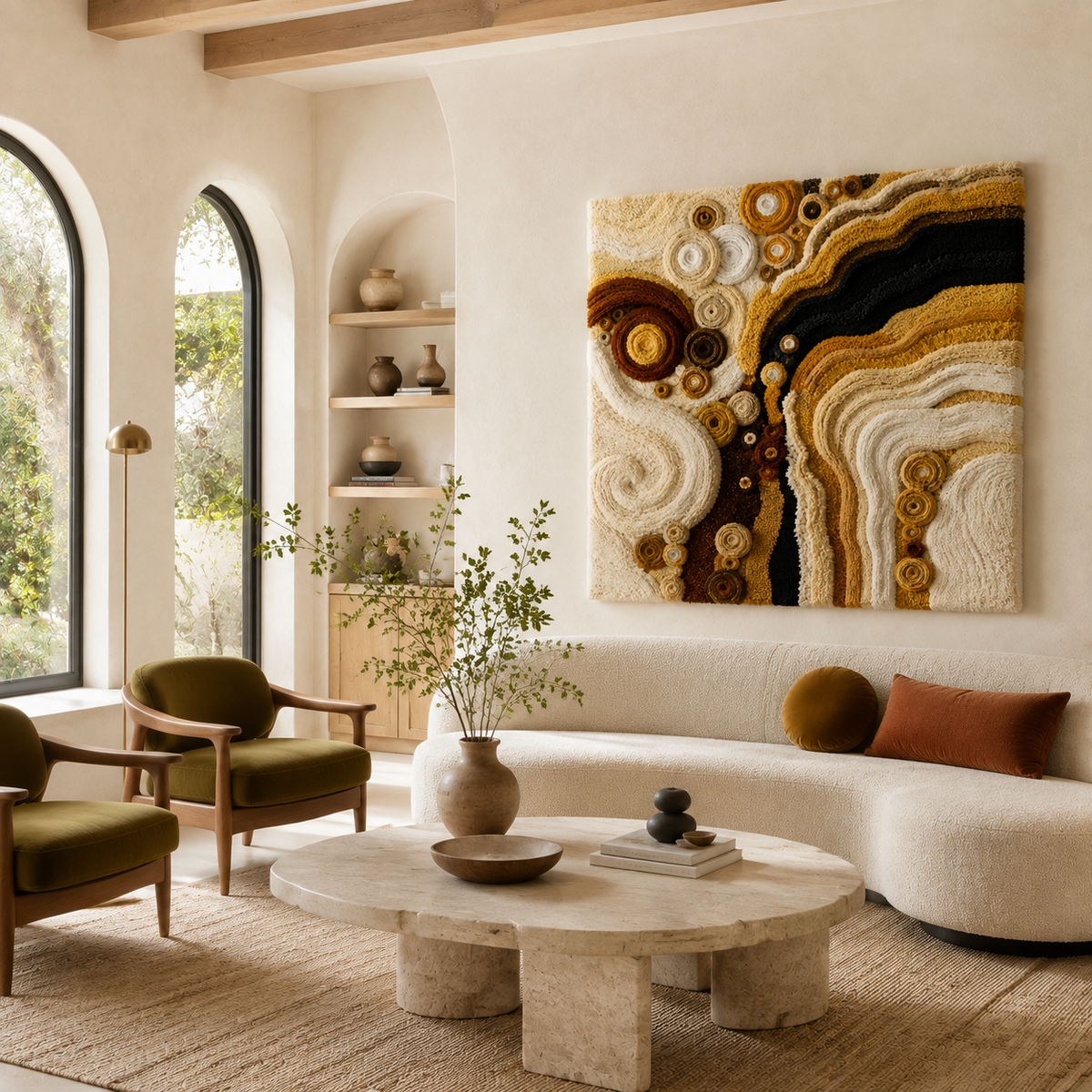 Hewn Earth Klimt Spirals wall art featuring intricate gold and black swirling patterns on a canvas.