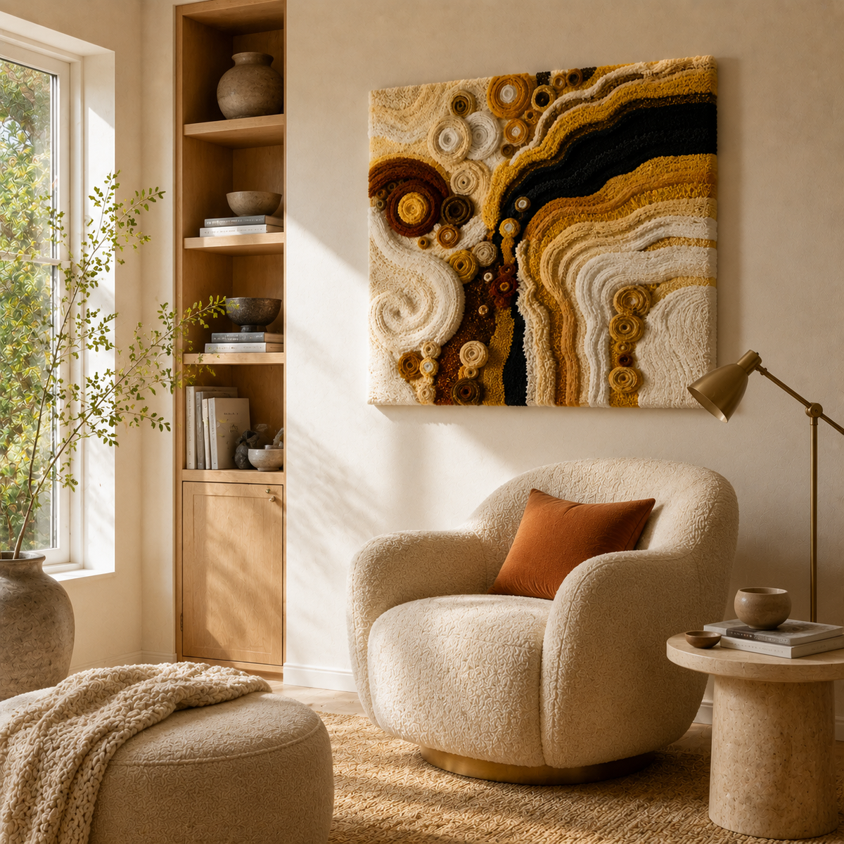 Hewn Earth Klimt Spirals wall art print with swirling abstract gold and black design on a white background.