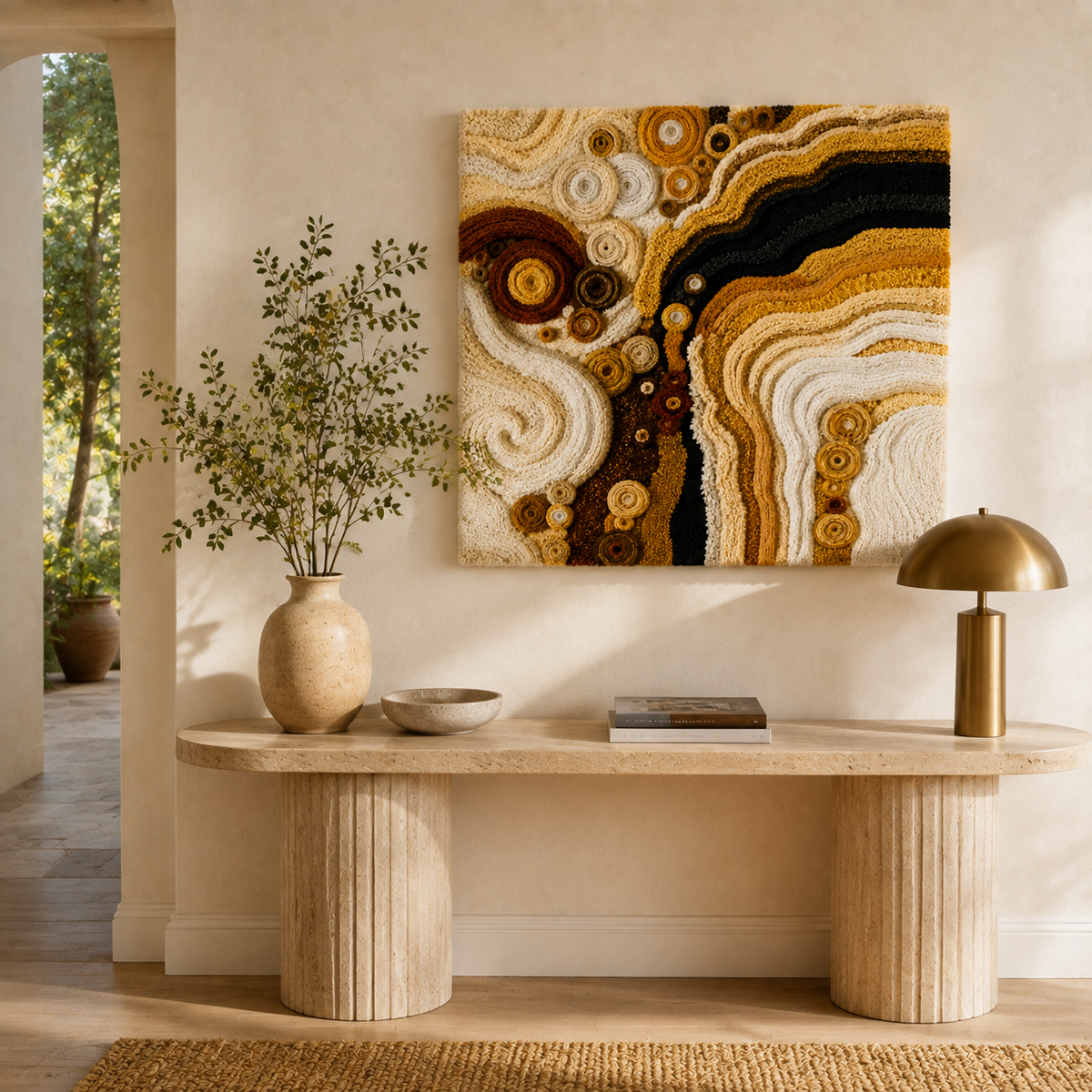 Hewn Earth Klimt Spirals HE-0177 wall art featuring intricate spiral patterns on a textured canvas.