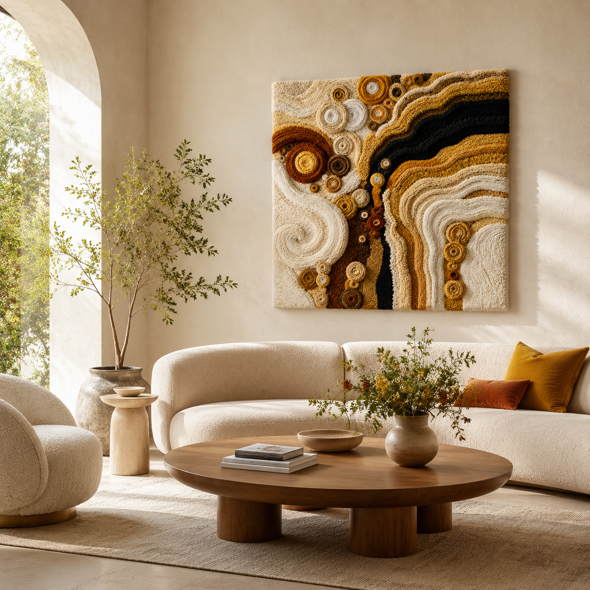 Hewn Earth Klimt Spirals wall art featuring intricate gold and black swirling patterns on a textured canvas.