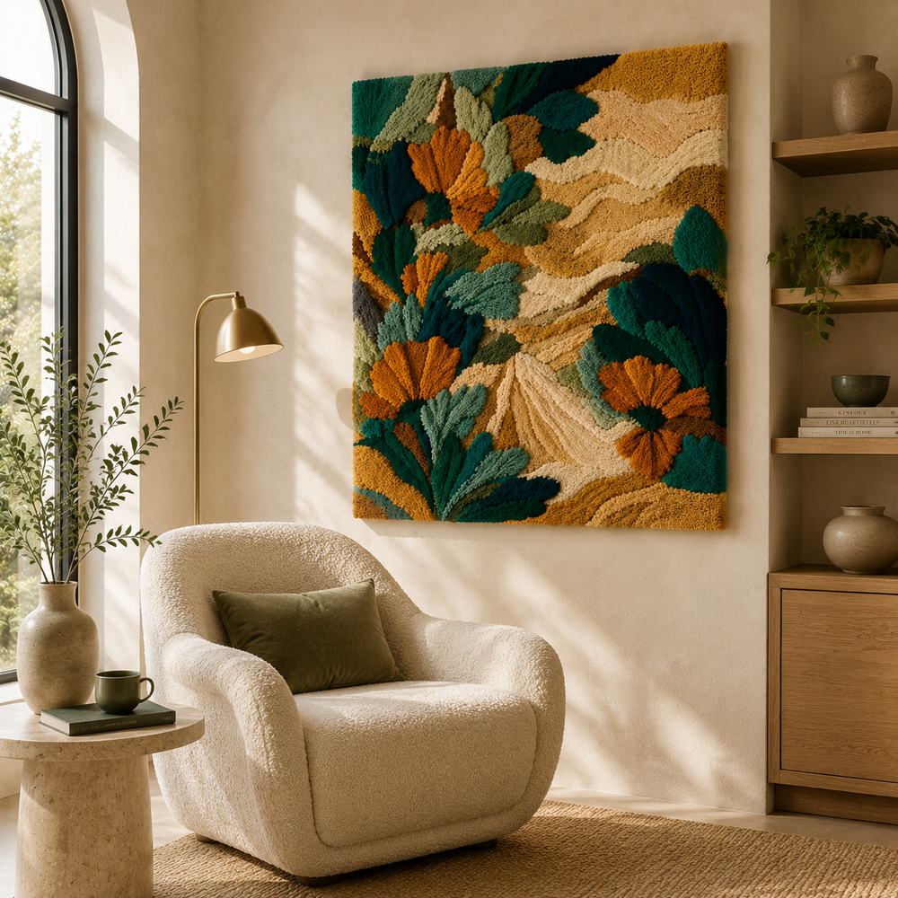Hewn Earth Bloom on Foam wall art, featuring vibrant floral design on textured foam background, modern home decor piece