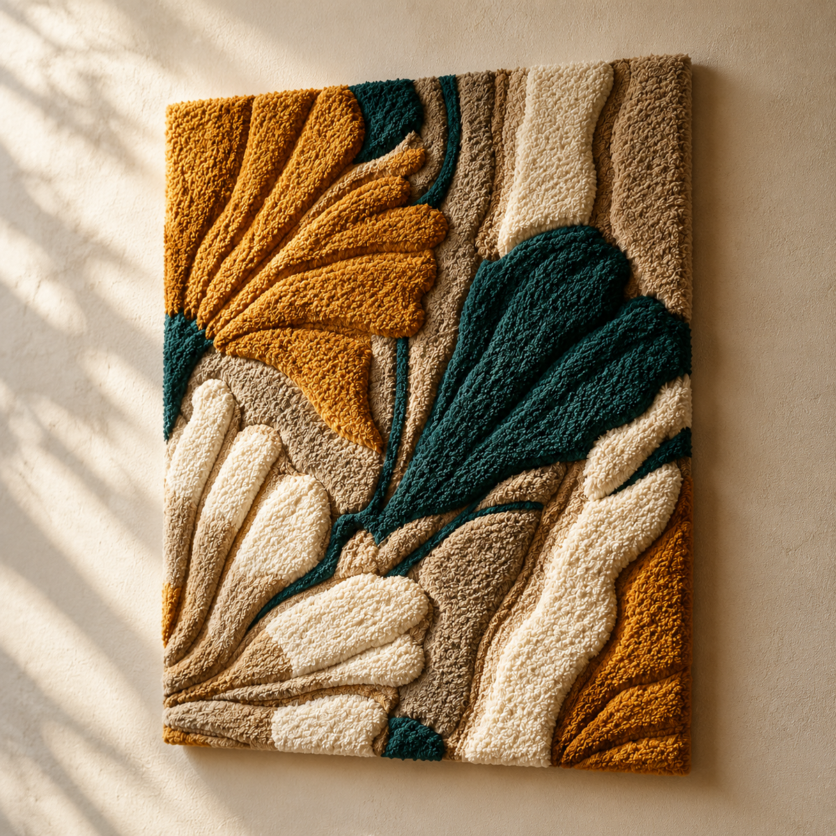 Ginkgo Ochre and Teal wall art by Hewn Earth featuring abstract botanical design in yellow ochre and teal colors.