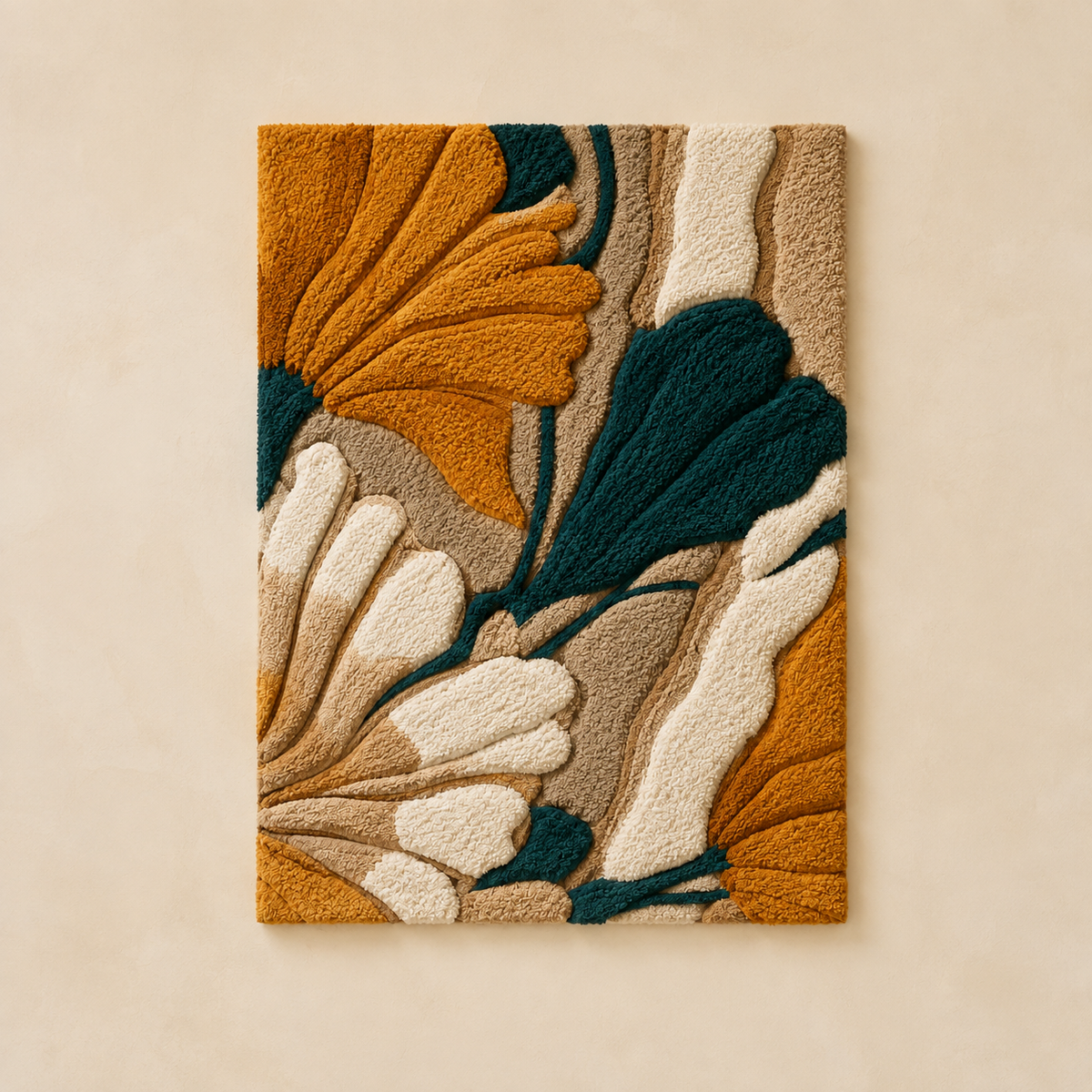Ginkgo Ochre and Teal wall art by Hewn Earth, featuring abstract ginkgo leaf design in warm ochre and teal tones.