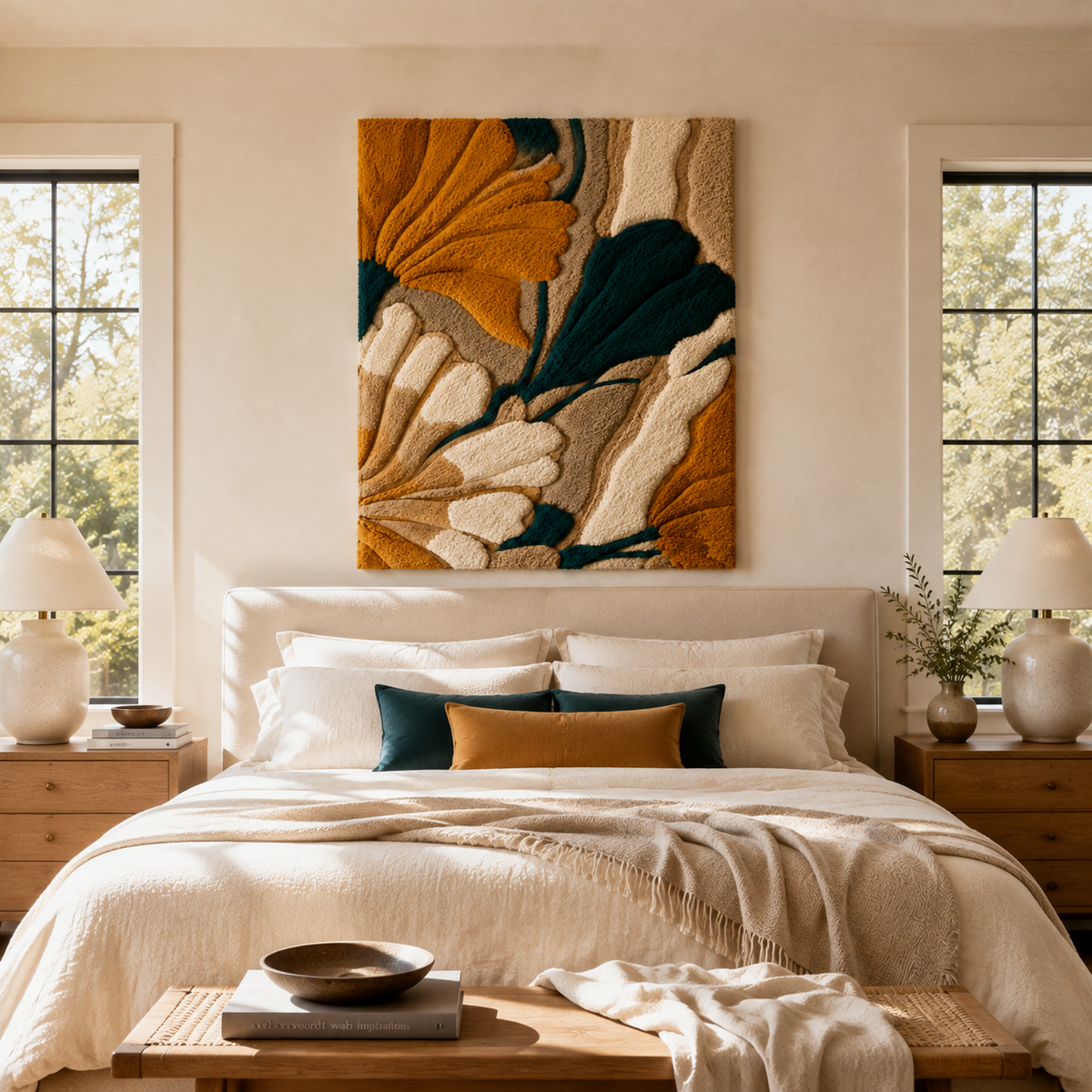 Ginkgo ochre and teal wall art by Hewn Earth featuring a vibrant botanical design on a textured background.