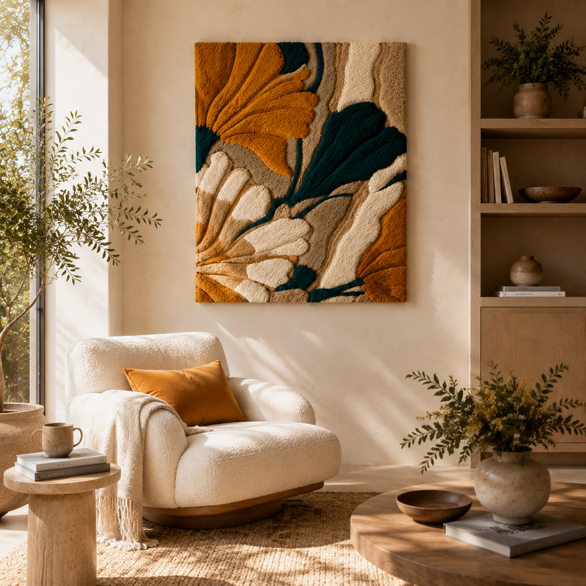 Hewn Earth Ginkgo Ochre and Teal wall art featuring a botanical design in warm ochre and cool teal tones.