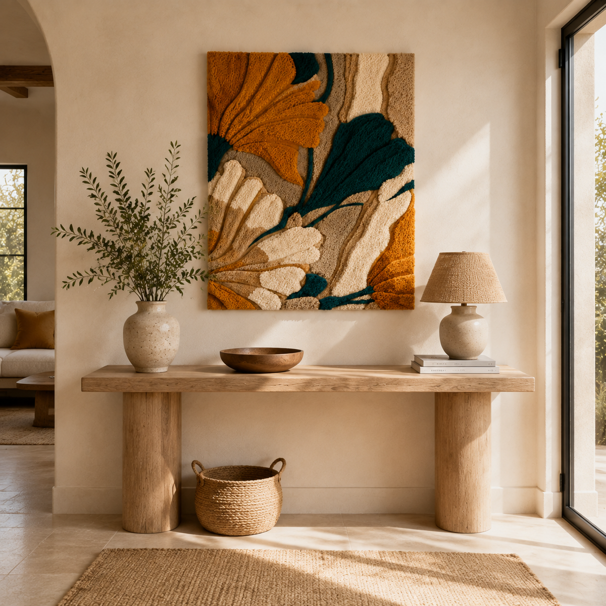 Ginkgo Ochre & Teal wall art by Hewn Earth, featuring abstract botanical design with warm ochre and teal tones.