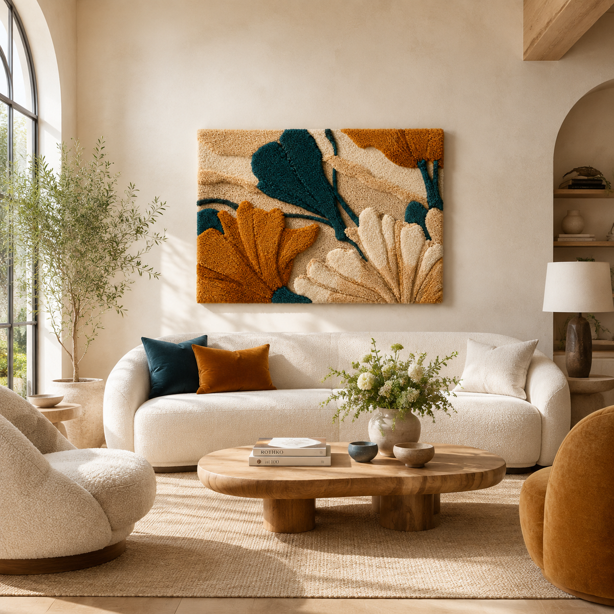 Hewn Earth Big Ginkgo Trio wall art featuring three ginkgo leaf illustrations on a neutral background.