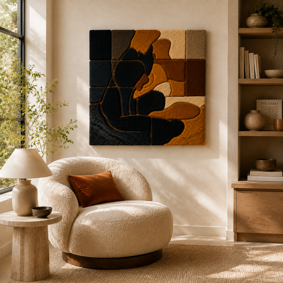 Hewn Earth Cubist Cat wall art, abstract geometric design in shades of gray and black, modern wall decor for feline art lovers