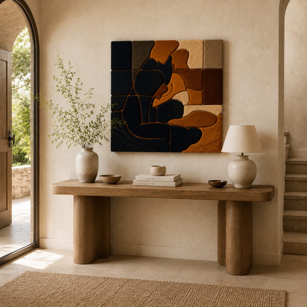Cubist-style wall art featuring geometric feline design by Hewn Earth, modern decor piece in shades of gray and white.