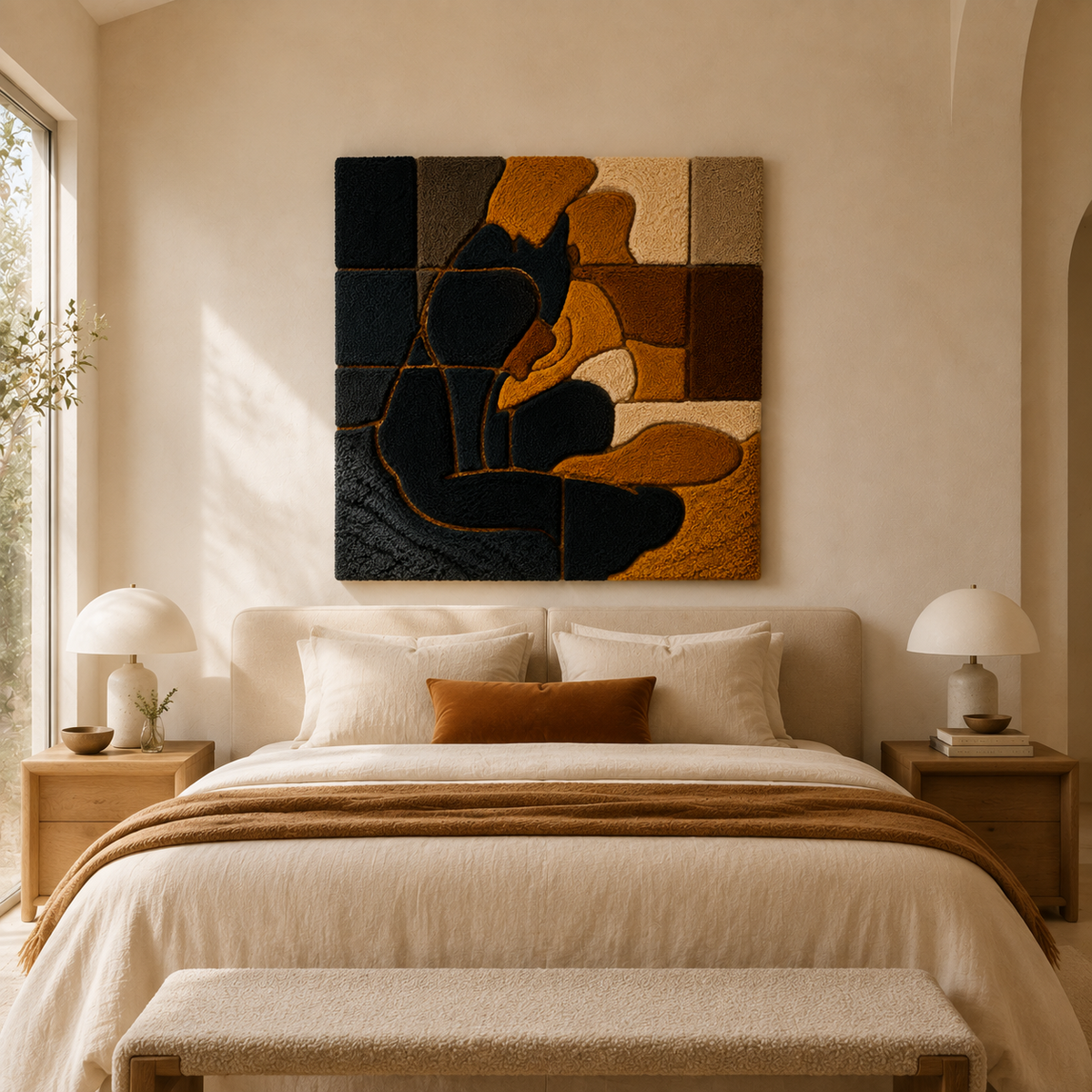 Cubist Cat wall art by Hewn Earth, modern geometric design, vibrant colors, and abstract feline illustration for contemporary home decor