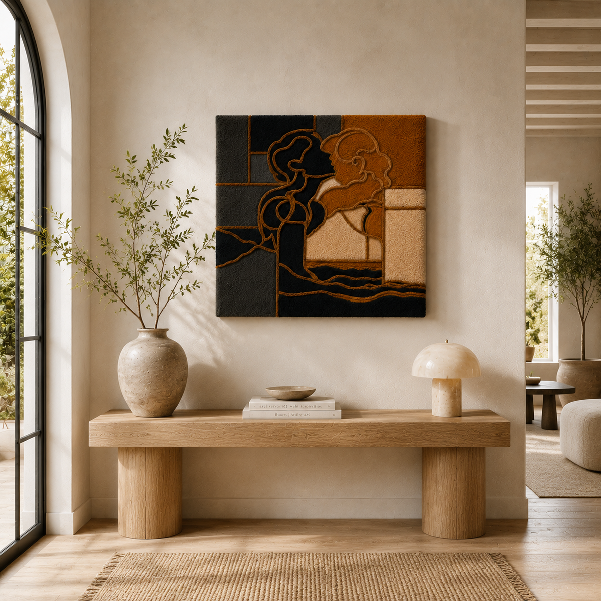 Hewn Earth Mucha figure wall art, detailed illustration of a graceful woman in flowing attire, artistic design on a wall.