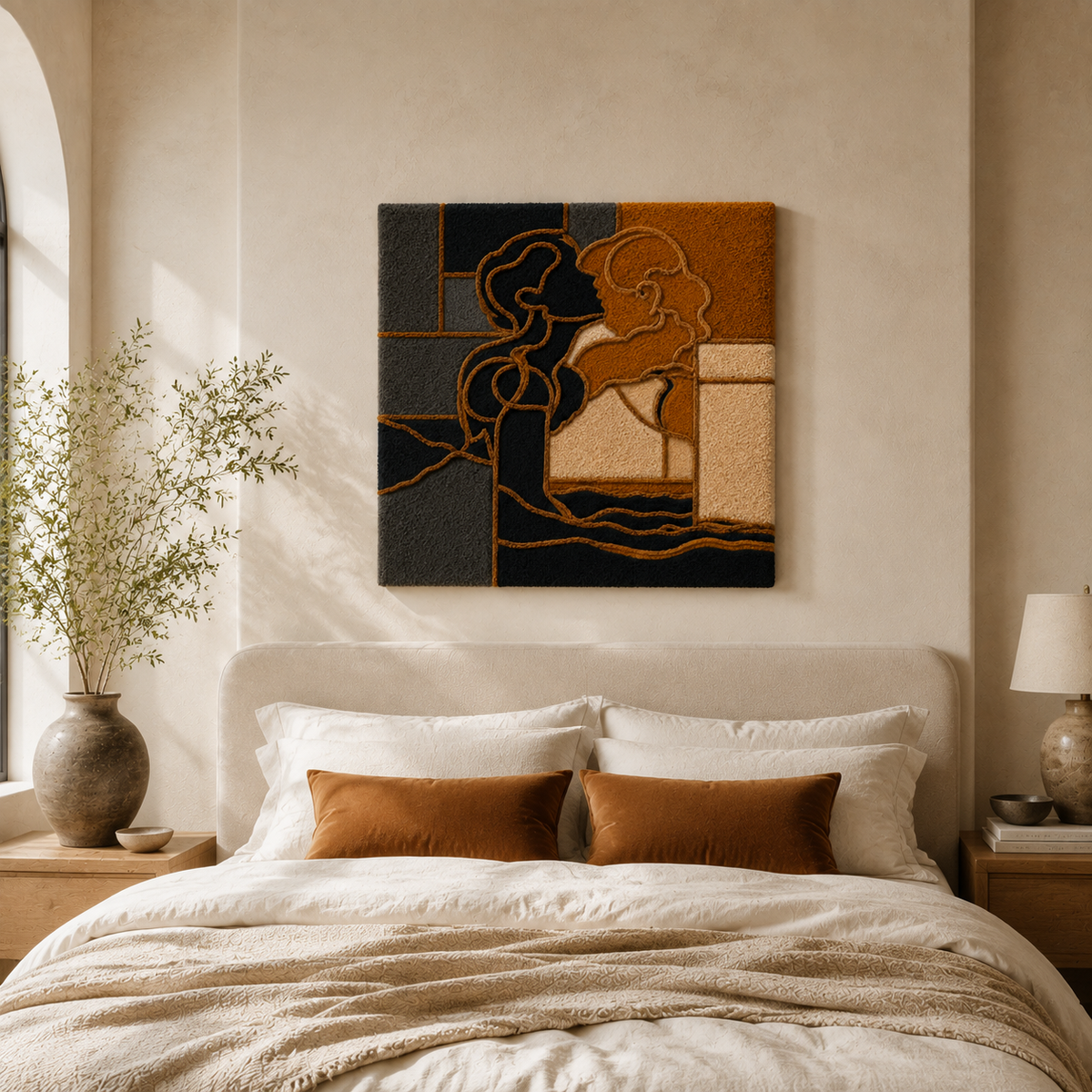 Hewn Earth Mucha figure wall art, elegant art print featuring a stylized Art Nouveau woman with flowing hair and decorative details