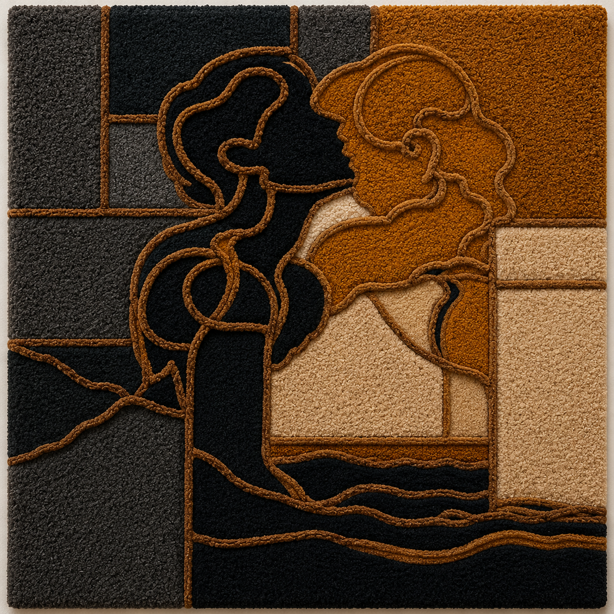 Hewn Earth Mucha figure wall art, detailed illustration of a woman with flowing hair, decorative art piece for wall decor.