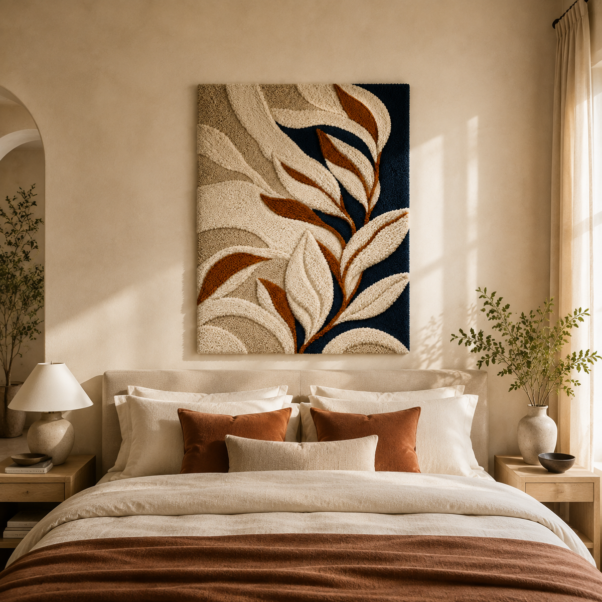 Ivory leaves wall art on navy background by Hewn Earth, decorative wall decor with elegant leaf design for interior decor.