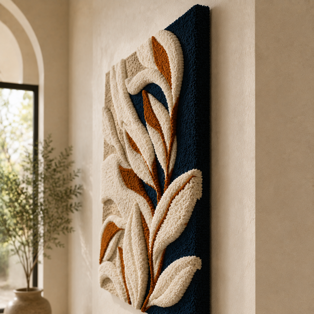 Ivory leaves wall art by Hewn Earth on navy background, decorative botanical wall decor for modern interior design.