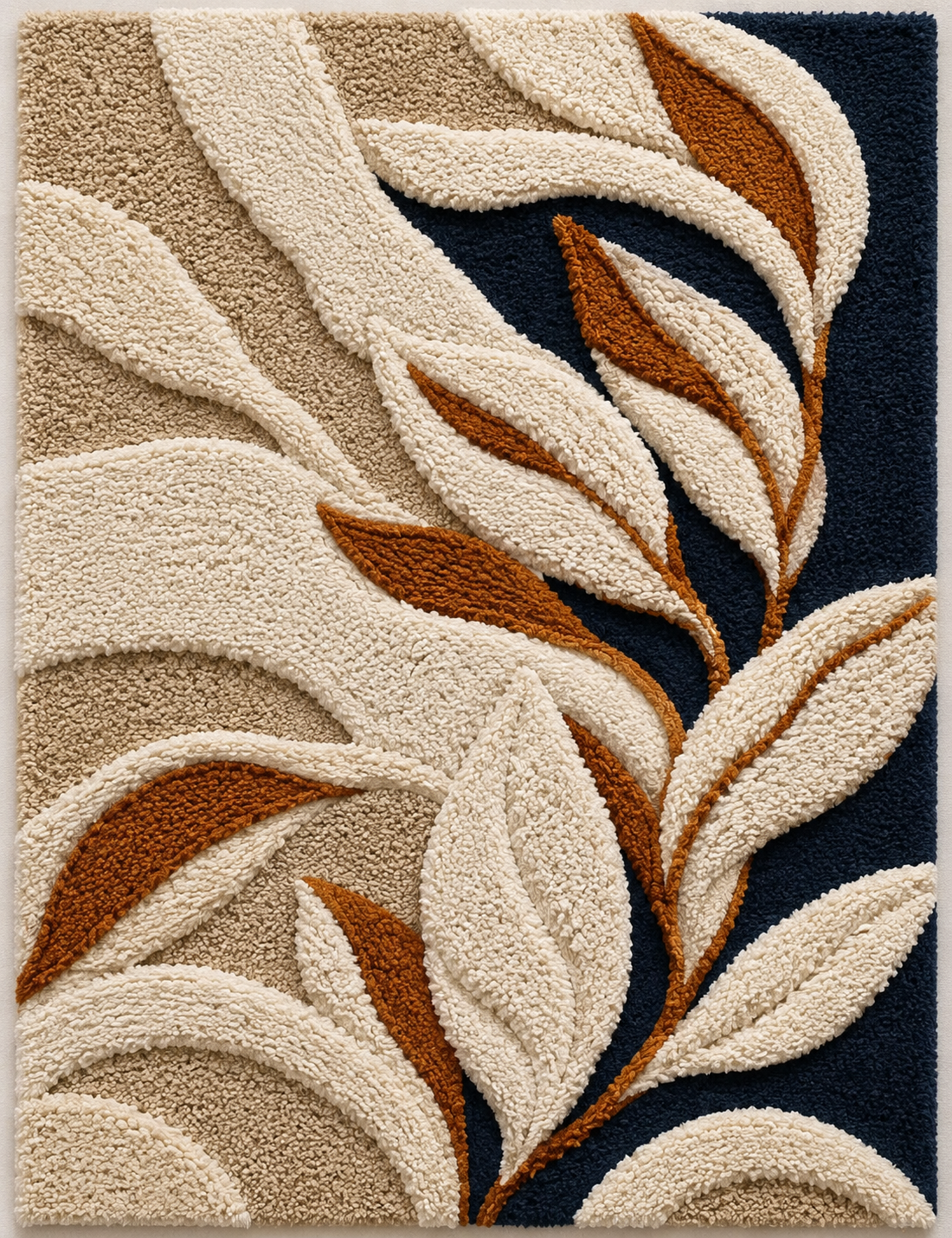 Ivory leaf wall art on navy background by Hewn Earth, modern botanical wall decor for living room or bedroom.