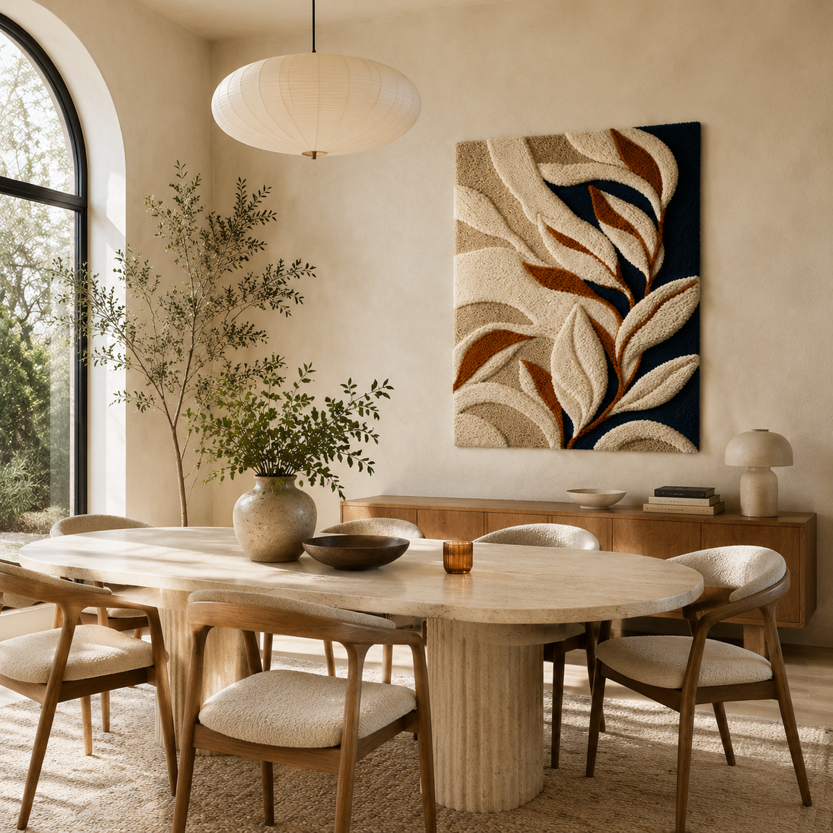 Ivory leaves wall art on navy background by Hewn Earth, modern botanical design for home decor.