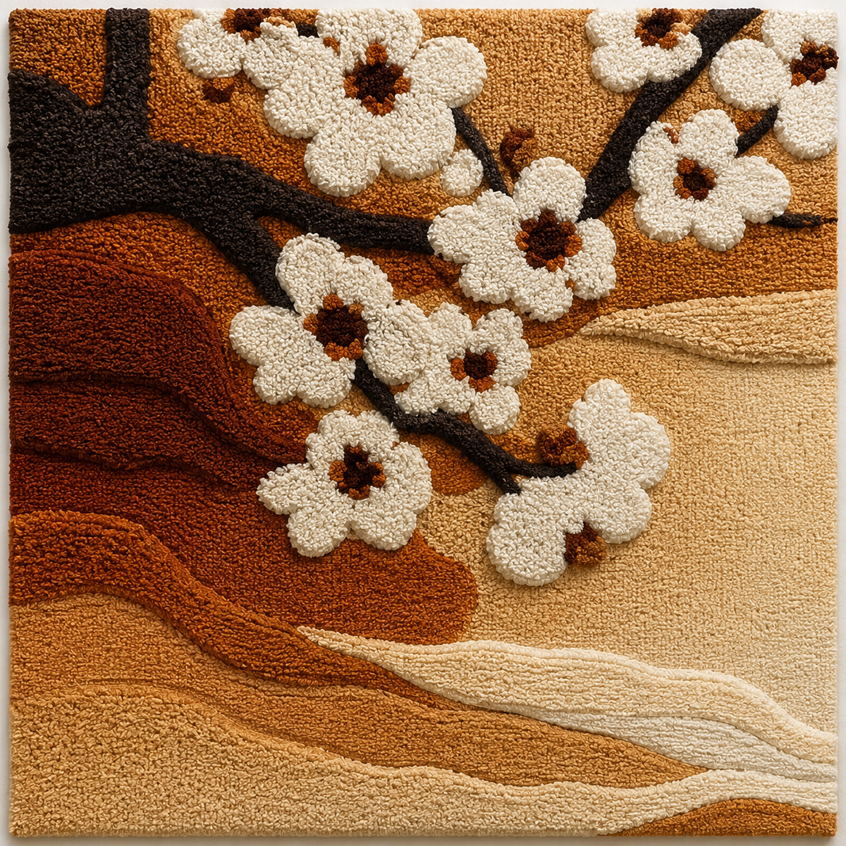 Hewn Earth Cherry Blossom Branch wall art displaying delicate pink blossoms on a natural wooden background.