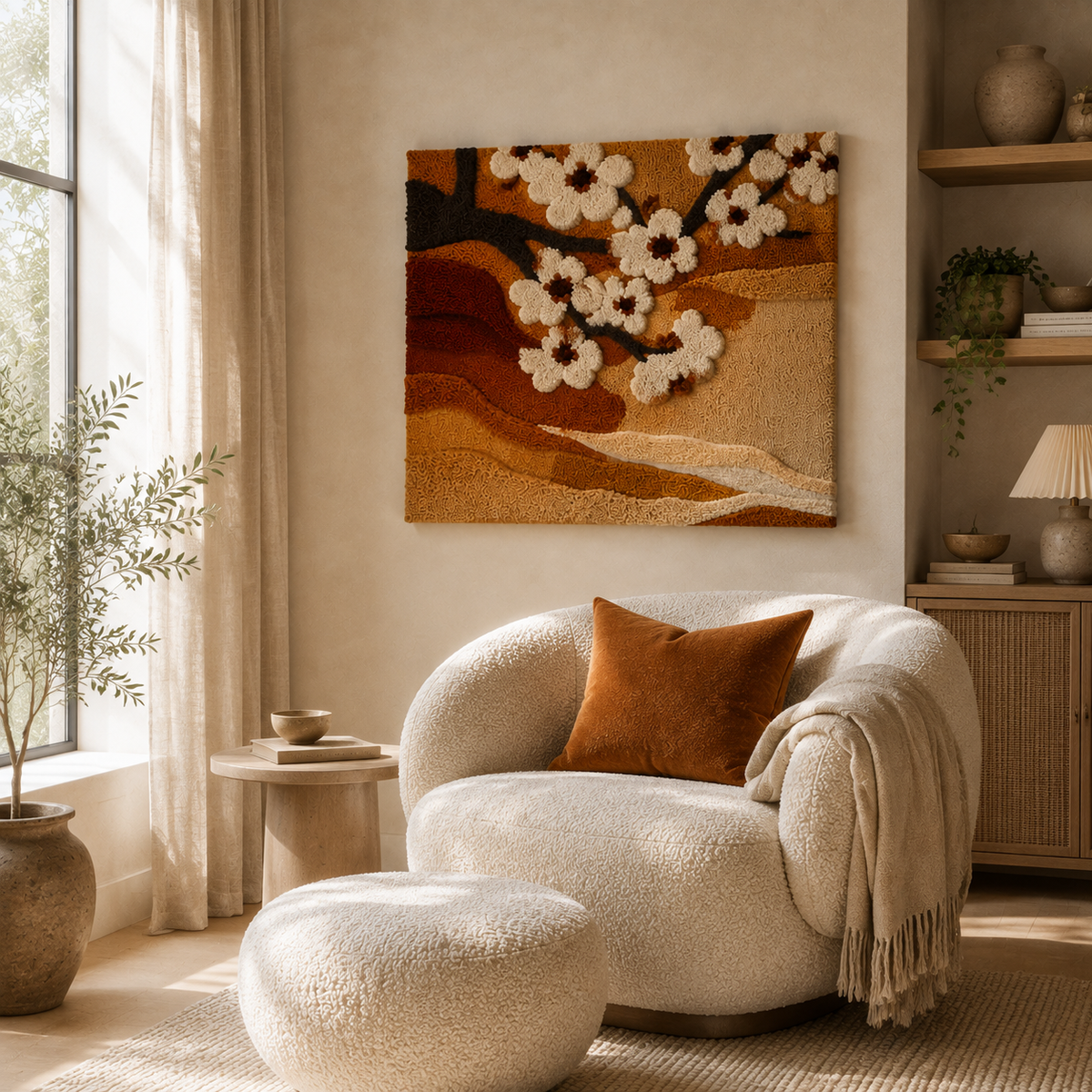 Hewn Earth Cherry Blossom Branch wall art featuring delicate pink blossoms on a natural background, ideal for home decor.