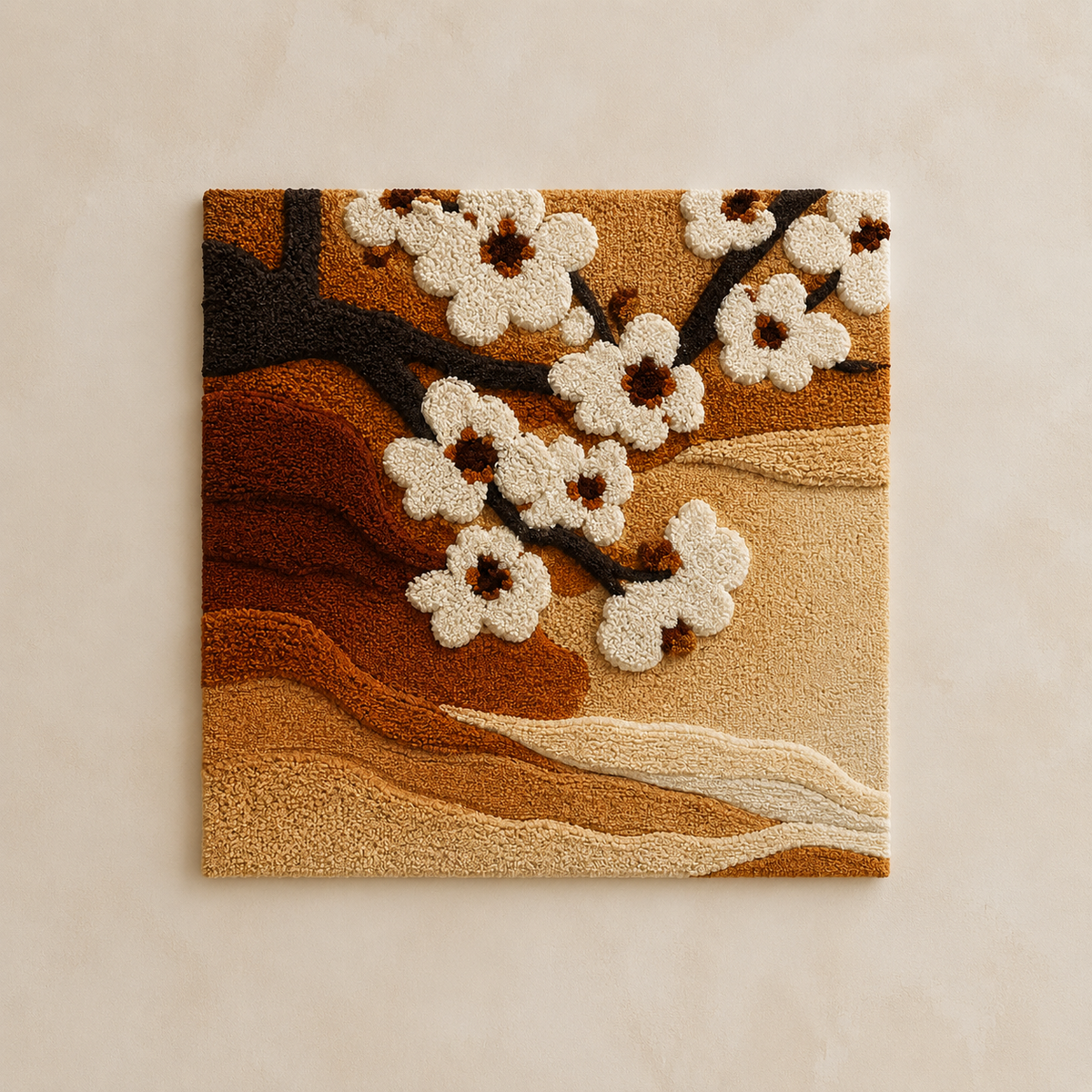 Hewn Earth Cherry Blossom Branch wall art featuring delicate pink blossoms on a natural background, ideal for home decor.