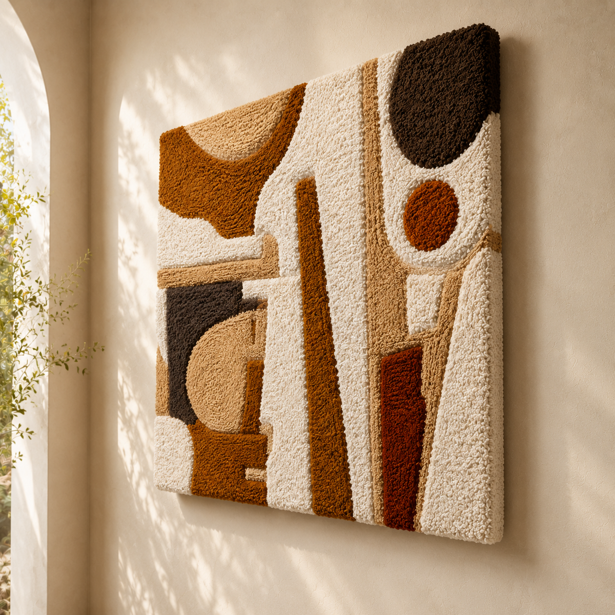 Hewn Earth Bauhaus Bowl wall art, geometric design in neutral tones, mounted on a wall as modern interior decor.