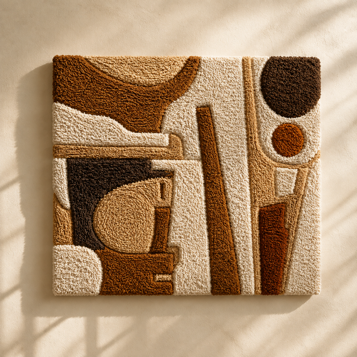 Hewn Earth Bauhaus Bowl wall art, abstract geometric design with earthy tones, hanging on a neutral wall.