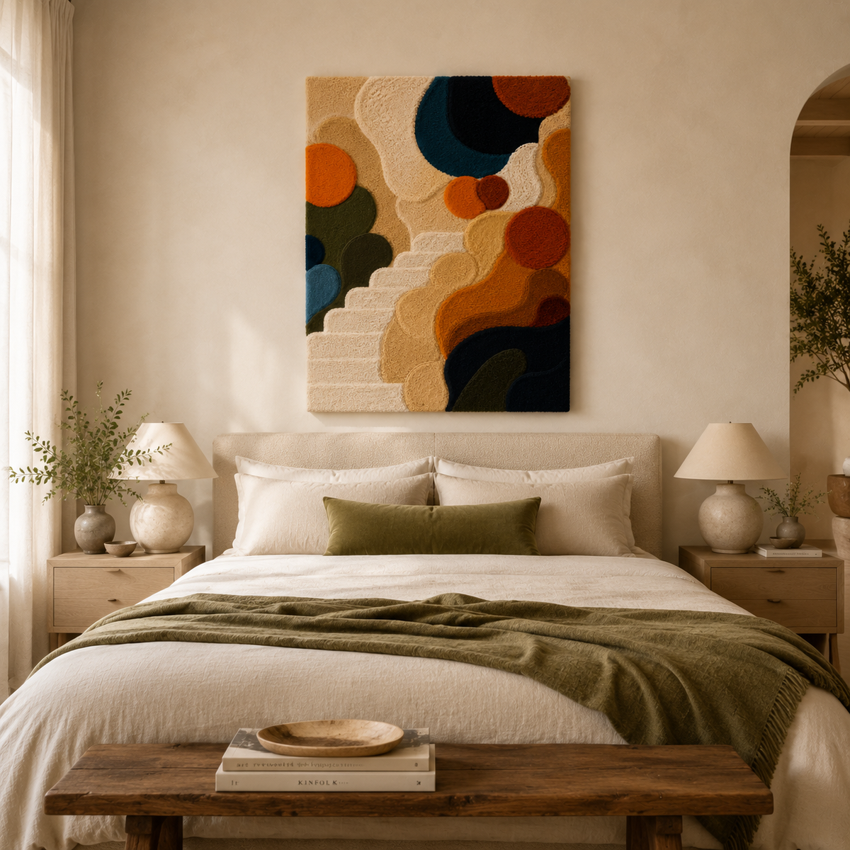 Surrealist staircase wall art by Hewn Earth, featuring a dreamy, abstract staircase design on a textured canvas.