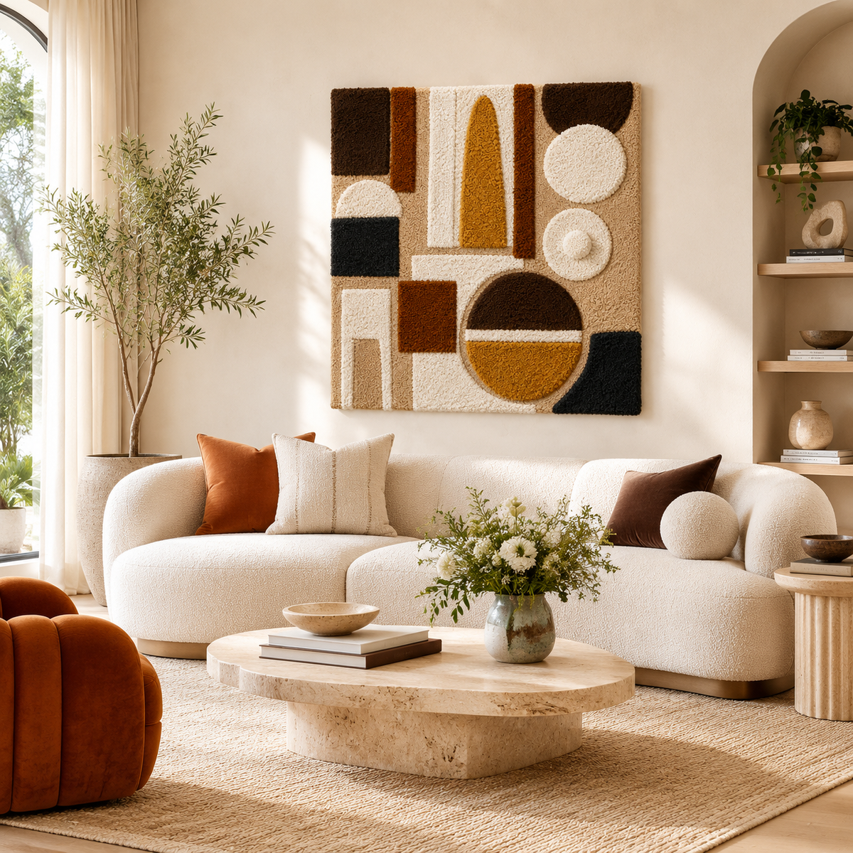 Hewn Earth Bauhaus Circles wall art, geometric design with overlapping circles in neutral tones, modern home decor piece.