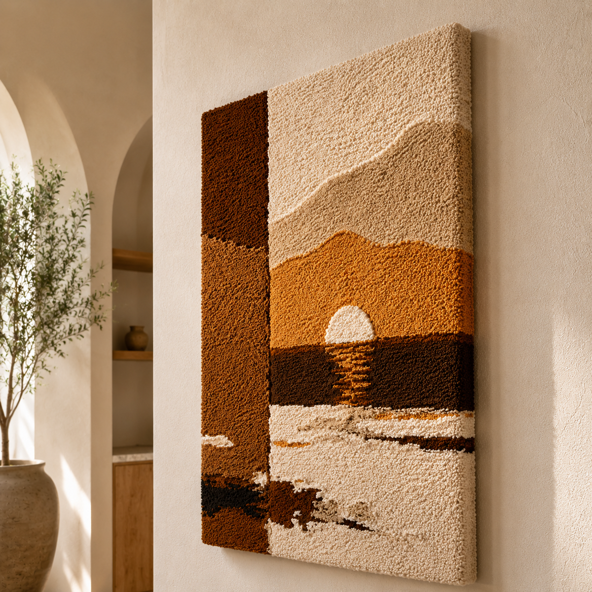 Hewn Earth Minimal Sunset wall art, abstract landscape painting with warm tones, perfect for modern home decor.