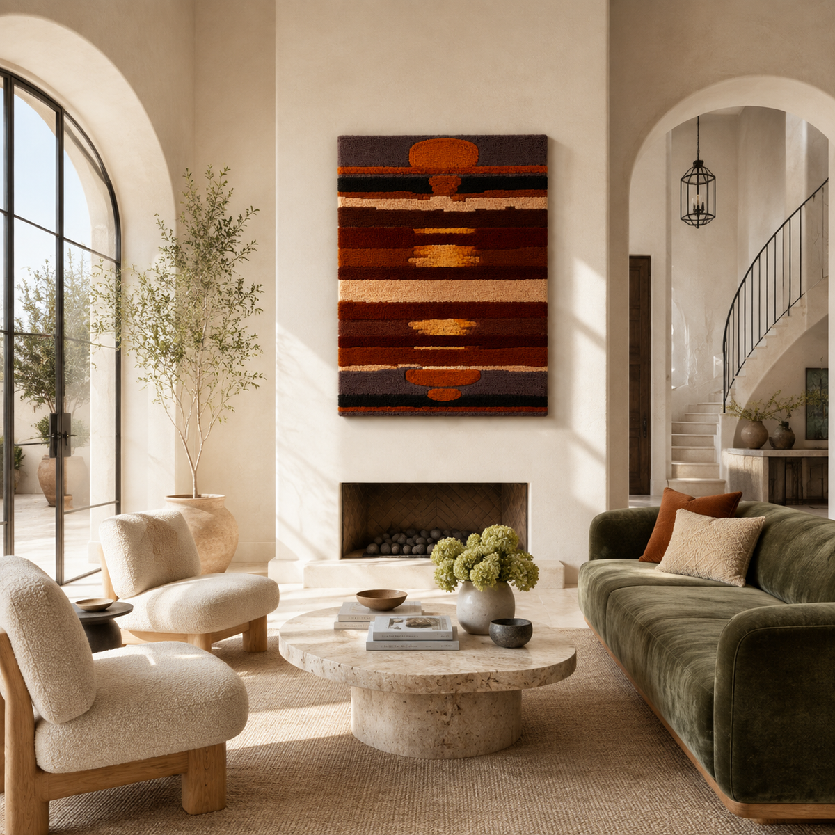 Southwestern runner wall art by Hewn Earth featuring vibrant geometric patterns on textured fabric background.