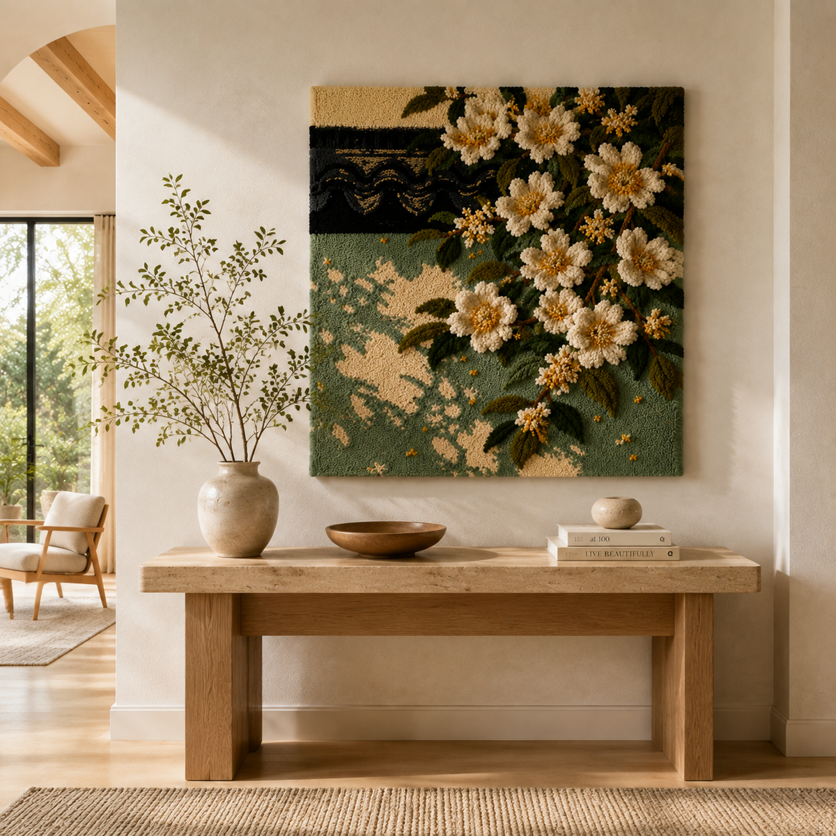 Hewn Earth Sage Meadow wall art, botanical print with green and beige tones, nature-inspired decor for living room or bedroom.