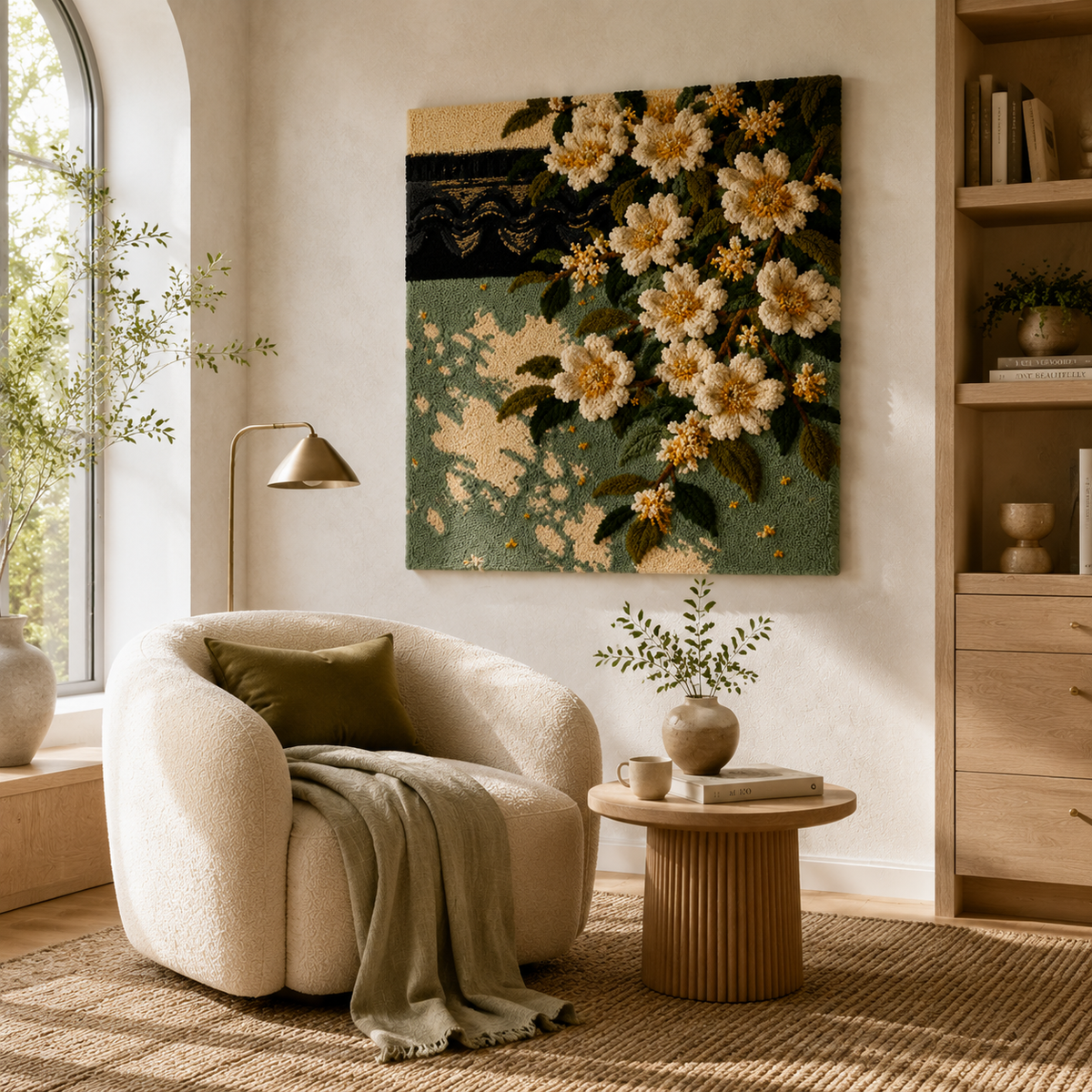 Hewn Earth Sage Meadow wall art print with abstract green and beige tones, suitable for modern home decor.