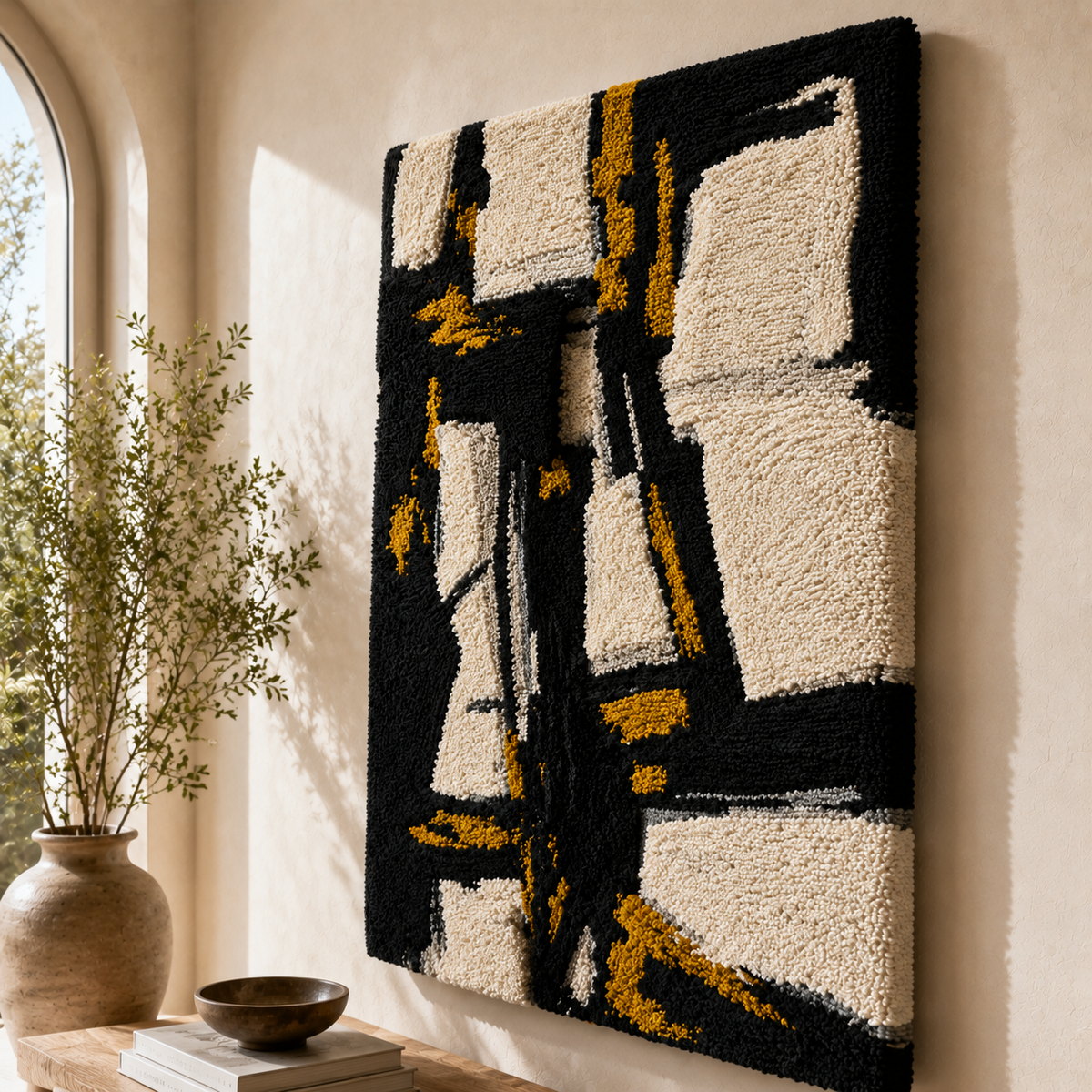 Ivory cubist portrait wall art by Hewn Earth, modern geometric design, mounted on a wall with abstract shapes and textured surface.